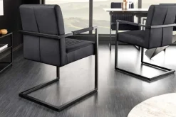 Moderner Freischwinger Stuhl BIG ASTON Echtleder schwarz Taschenfederkern Metall