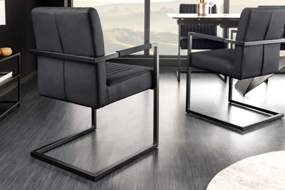 Moderner Freischwinger Stuhl BIG ASTON Echtleder schwarz Taschenfederkern Metall