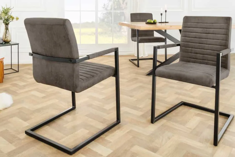 Moderner Freischwinger Stuhl LOFT taupe grau Microfaser mit Armlehne Eisengestell schwarz