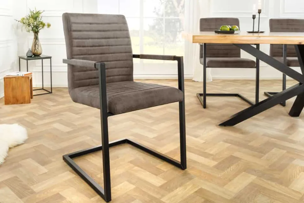 Moderner Freischwinger Stuhl LOFT taupe grau Microfaser mit Armlehne Eisengestell schwarz