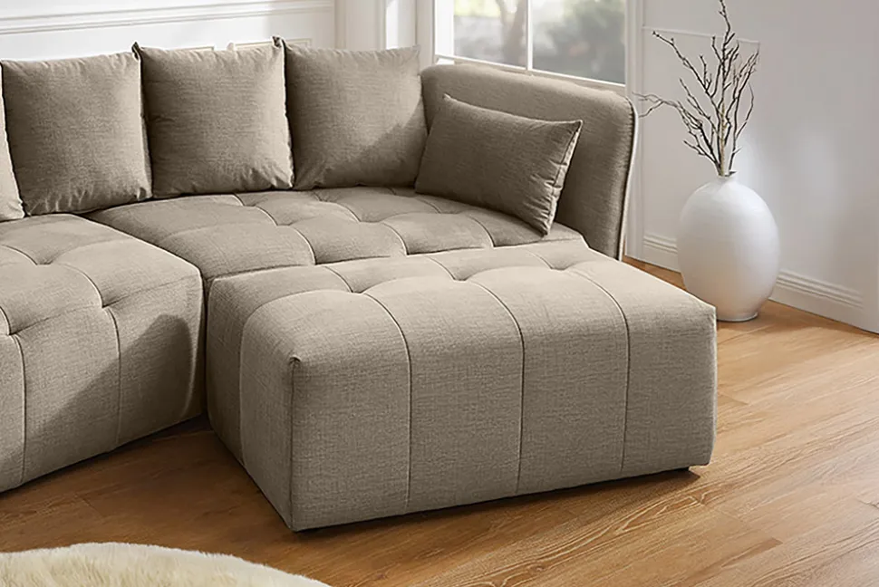 Moderner Hocker ROYAL 120cm greige Velours-Strickstoff Federkern Sitzhocker