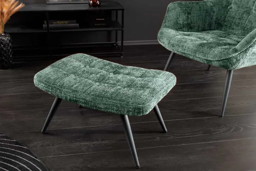 Moderner Hocker SCANDINAVIA grün Chenille Cremona Metallbeine Fußhocker