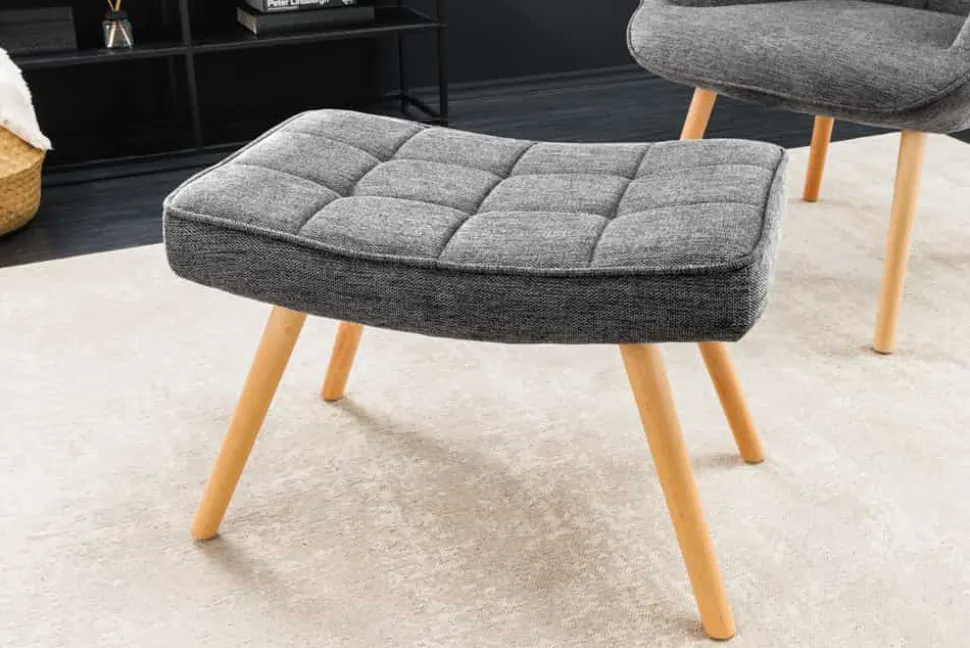 Moderner Hocker SCANDINAVIA grau Strukturstoff Massivholz-Beine Fußhocker