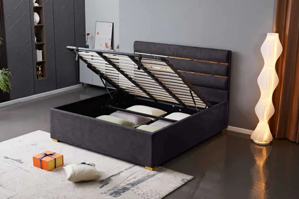 Modernes Boxbett METROPOLITAN 180x200cm grau Samt mit Lattenrost und Stauraum
