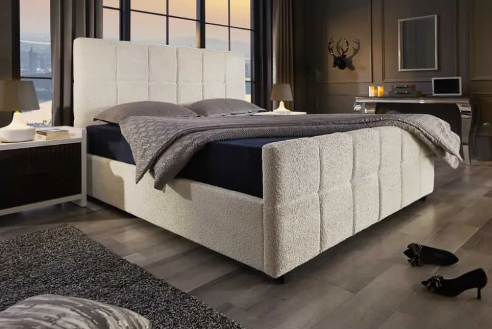 Modernes Boxbett PRESTIGE 180x200cm creme Bouclè mit Stauraum und Lattenrost