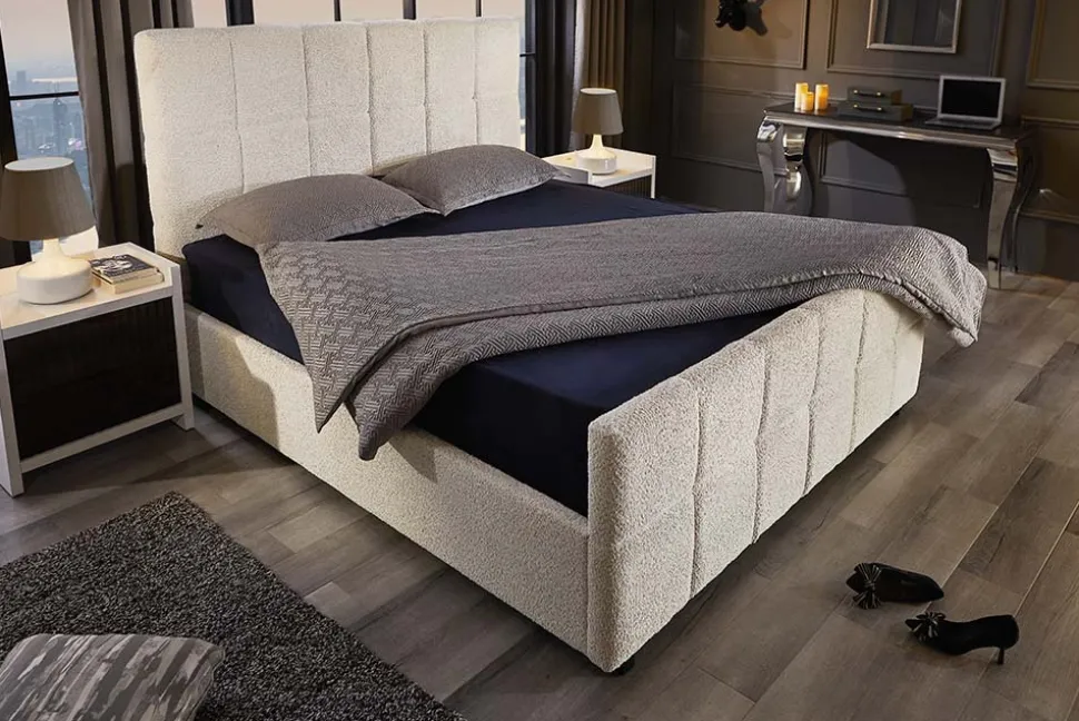 Modernes Boxbett PRESTIGE 160x200cm creme Bouclè mit Stauraum und Lattenrost