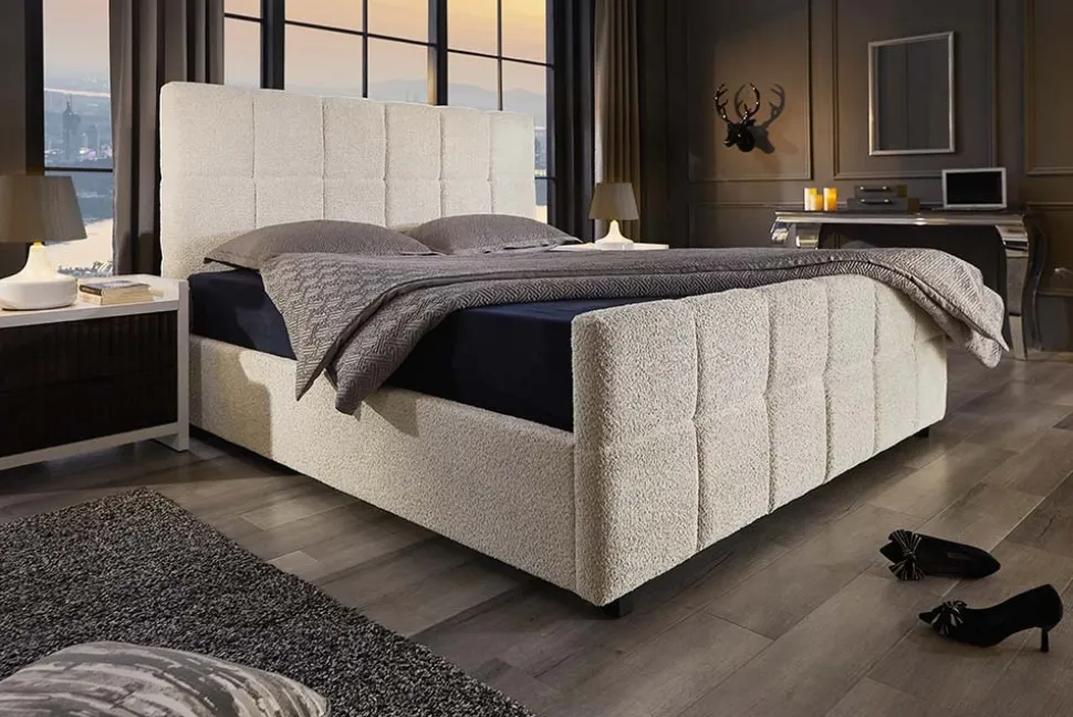 Modernes Boxbett PRESTIGE 160x200cm creme Bouclè mit Stauraum und Lattenrost