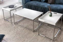 Modernes Couchtisch 3er Set ELEMENTS 75cm weiß Chrom abnehmbares Tablett