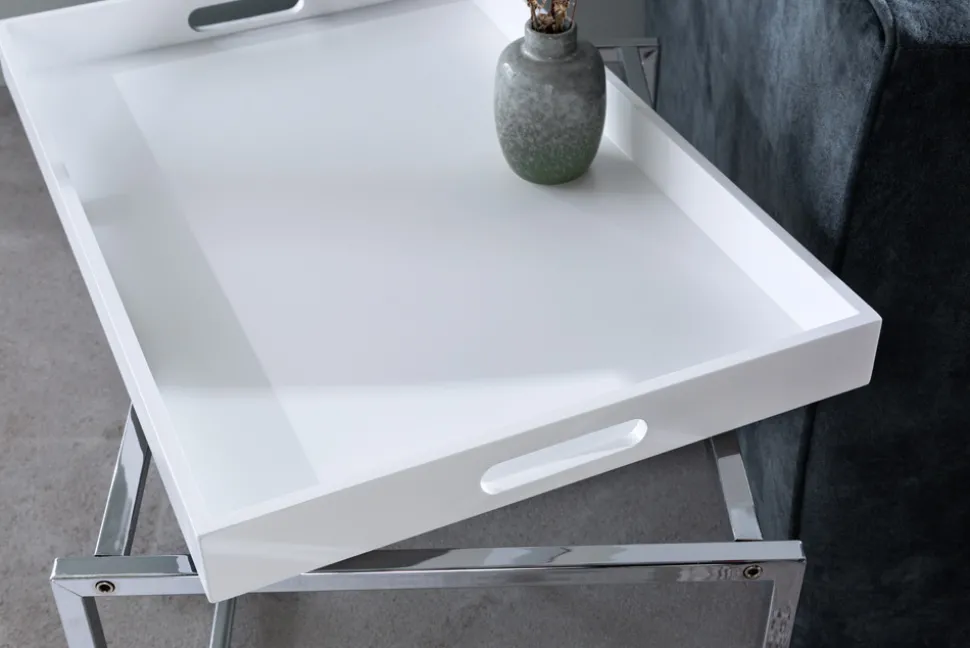 Modernes Couchtisch 3er Set ELEMENTS 75cm weiß Chrom abnehmbares Tablett