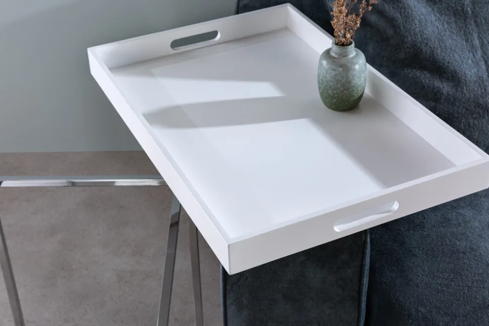 Modernes Couchtisch 3er Set ELEMENTS 75cm weiß Chrom abnehmbares Tablett