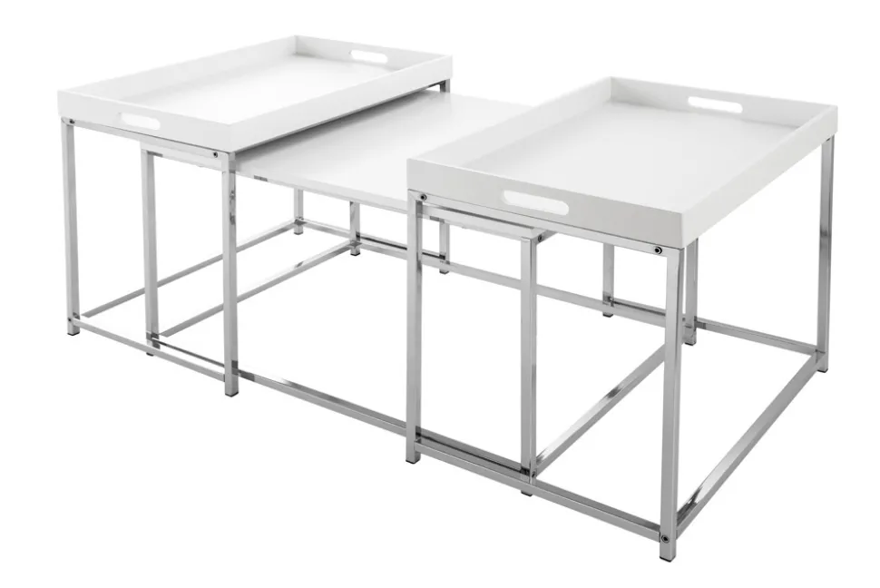 Modernes Couchtisch 3er Set ELEMENTS 75cm weiß Chrom abnehmbares Tablett