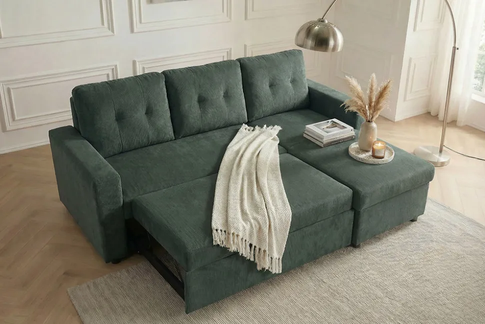 Modernes Ecksofa APARTMENT 205cm grün Cord 3-Sitzer mit Bettfunktion und Stauraum
