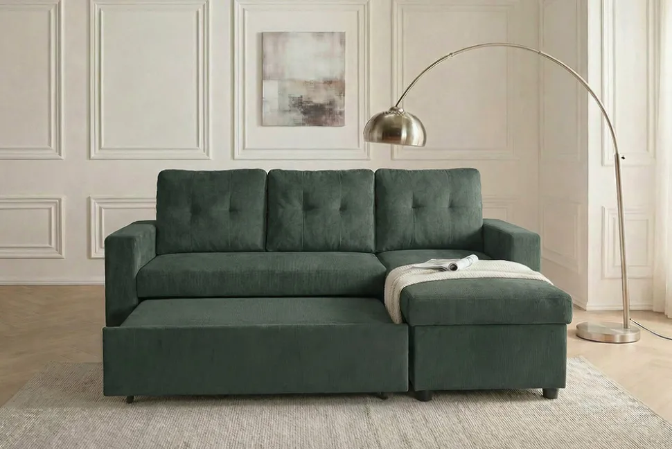 Modernes Ecksofa APARTMENT 205cm grün Cord 3-Sitzer mit Bettfunktion und Stauraum