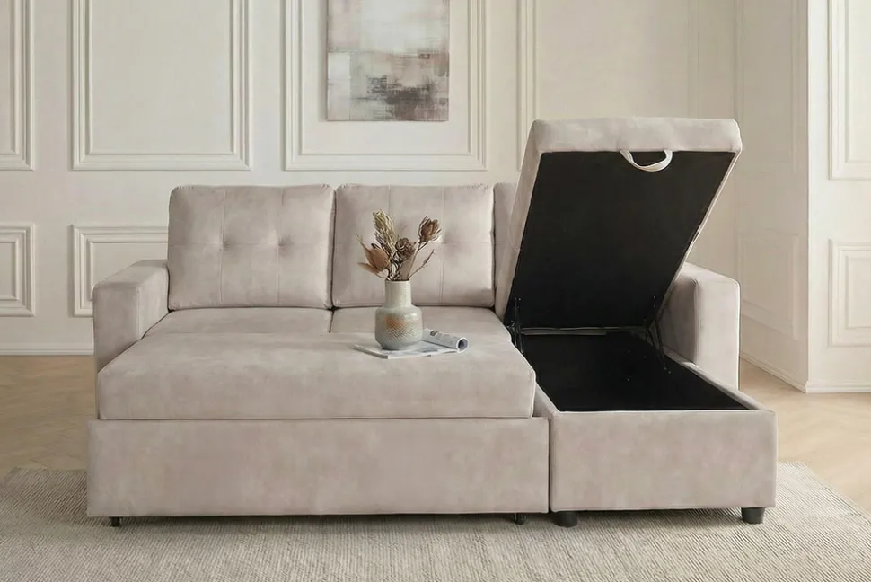 Modernes Ecksofa APARTMENT 205cm champagner beige Samt 3-Sitzer Bettfunktion Stauraum