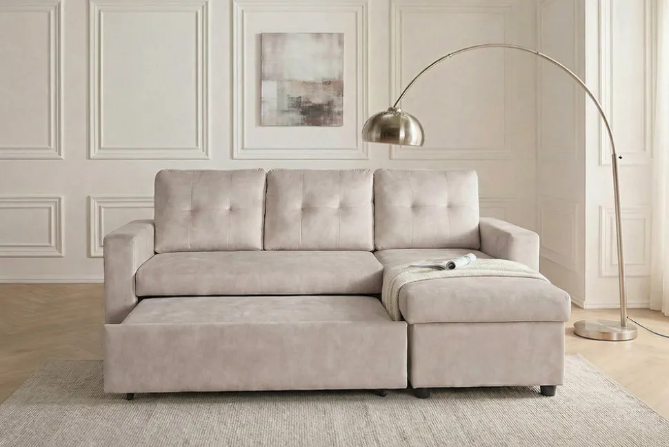 Modernes Ecksofa APARTMENT 205cm champagner beige Samt 3-Sitzer Bettfunktion Stauraum