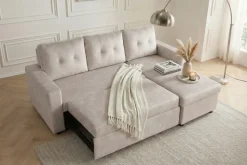 Modernes Ecksofa APARTMENT 205cm champagner beige Samt 3-Sitzer Bettfunktion Stauraum