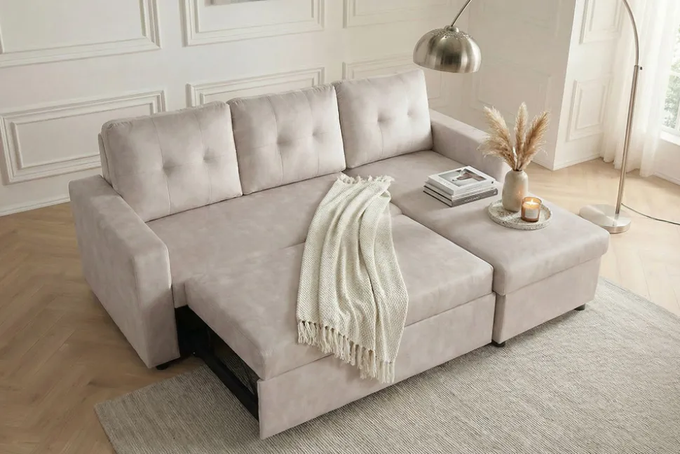 Modernes Ecksofa APARTMENT 205cm champagner beige Samt 3-Sitzer Bettfunktion Stauraum