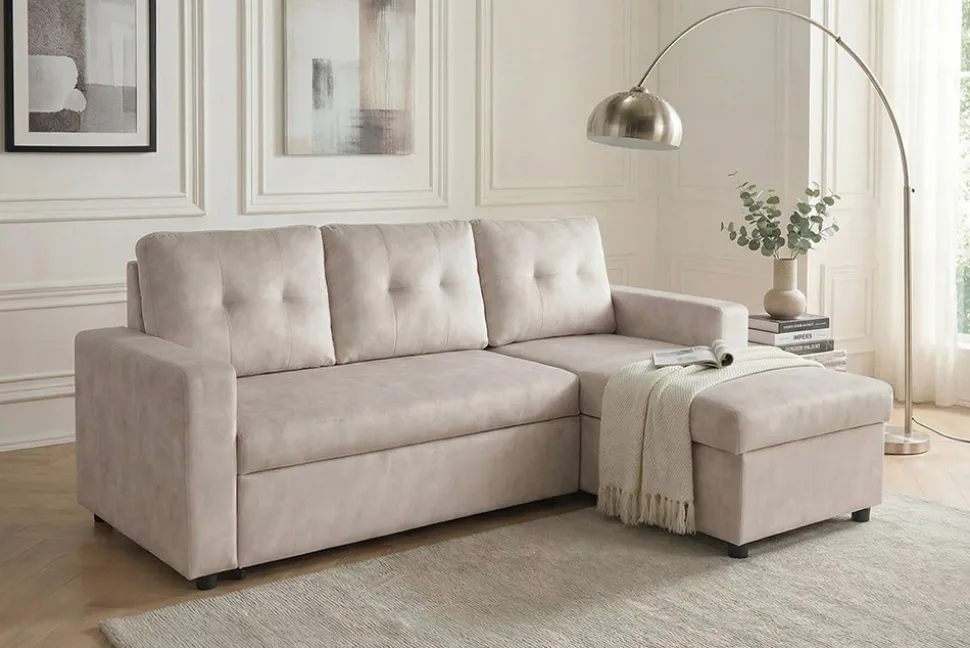 Modernes Ecksofa APARTMENT 205cm champagner beige Samt 3-Sitzer Bettfunktion Stauraum