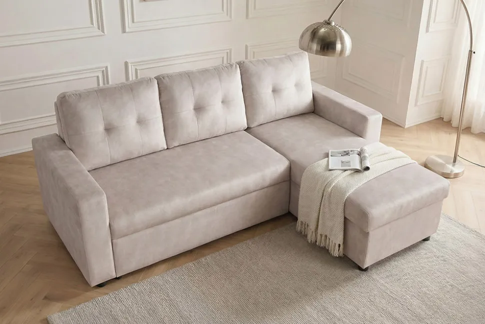 Modernes Ecksofa APARTMENT 205cm champagner beige Samt 3-Sitzer Bettfunktion Stauraum