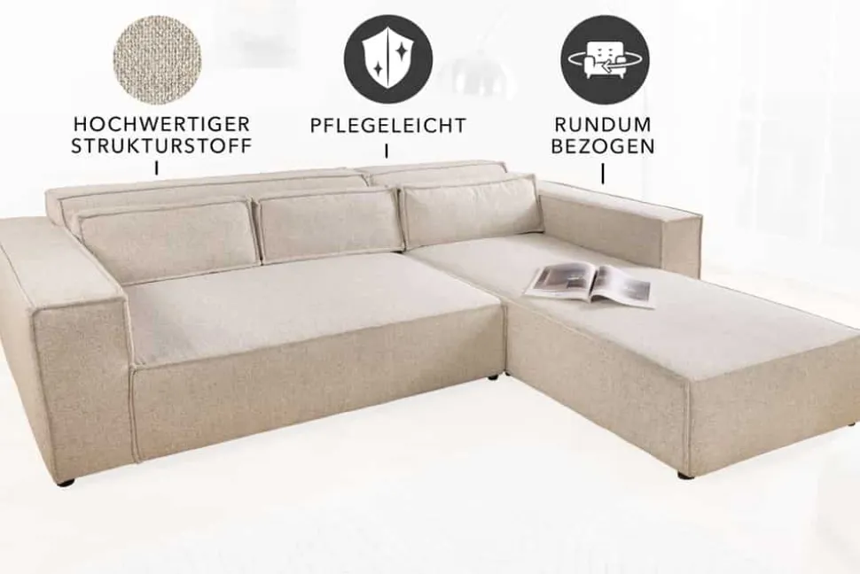 Modernes Ecksofa BOSSA NOVA 265cm beige Strukturstoff 3-Sitzer Couch L-Form