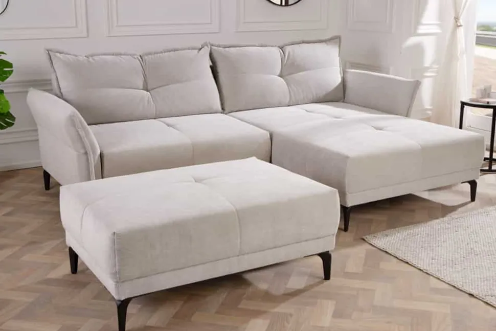 Modernes Ecksofa DESIGNO 250cm champagner beige Cord Couch inklusive Kissen Metallfüße