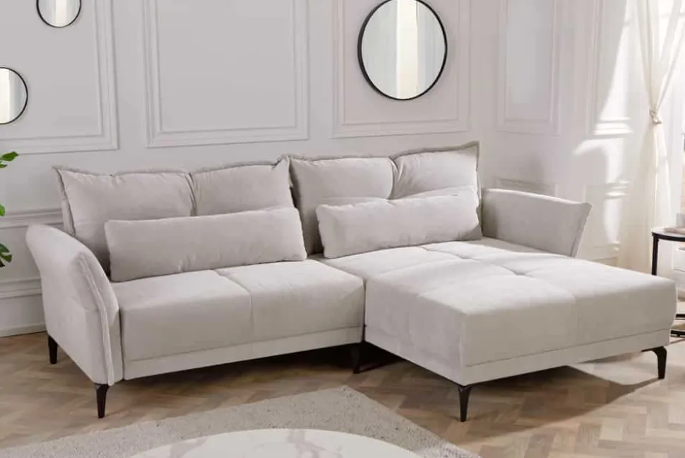 Modernes Ecksofa DESIGNO 250cm champagner beige Cord Couch inklusive Kissen Metallfüße