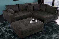 Modernes Ecksofa KENT 220cm dunkelgrau Cord inklusive Hocker Federkern Wohnlandschaft