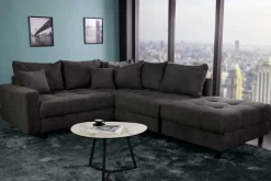 Modernes Ecksofa KENT 220cm dunkelgrau Cord inklusive Hocker Federkern Wohnlandschaft