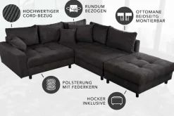 Modernes Ecksofa KENT 220cm dunkelgrau Cord inklusive Hocker Federkern Wohnlandschaft