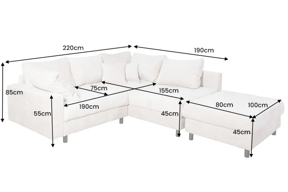 Modernes Ecksofa KENT 220cm champagner beige Chenille Cremona Federkern Wohnlandschaft mit Hocker