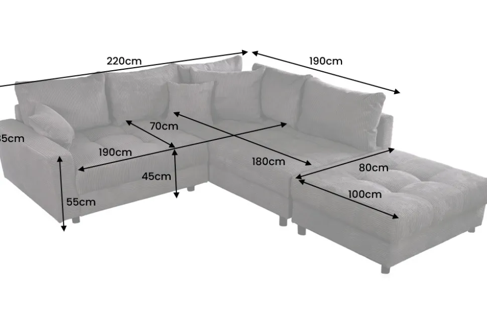 Modernes Ecksofa KENT 220cm beige Cord inkl. Hocker Federkern L-Form Wohnlandschaft