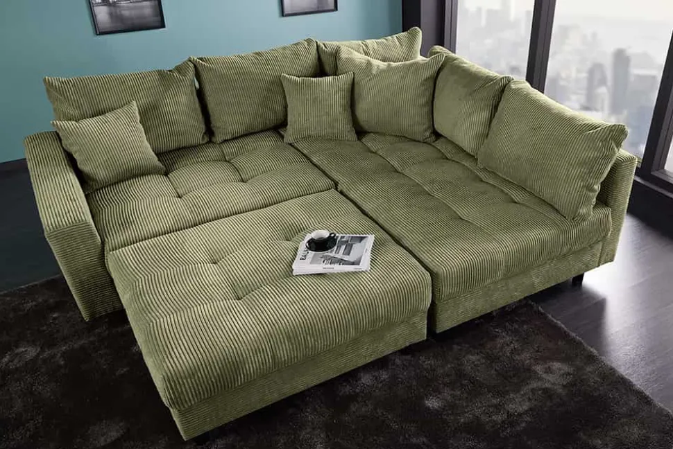 Modernes Ecksofa KENT 220cm grün Cord inkl. Hocker Federkern L-Form Wohnlandschaft