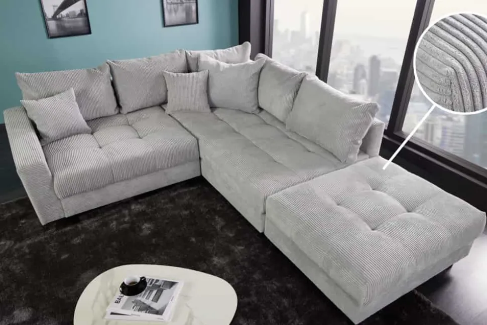 Modernes Ecksofa KENT 220cm hellgrau Cord inkl. Hocker Federkern L-Form Wohnlandschaft