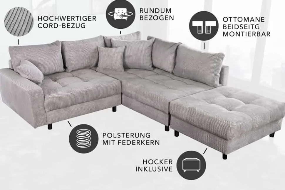 Modernes Ecksofa KENT 220cm hellgrau Cord inkl. Hocker Federkern L-Form Wohnlandschaft
