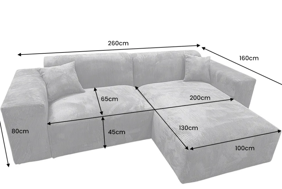 Modernes Ecksofa SIGNATUR 260cm anthrazit Cord beidseitig stellbar inkl. Kissen