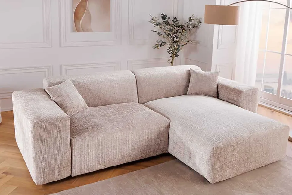 Modernes Ecksofa SIGNATUR 260cm beige Chenille Cremona beidseitig stellbar inkl. Kissen