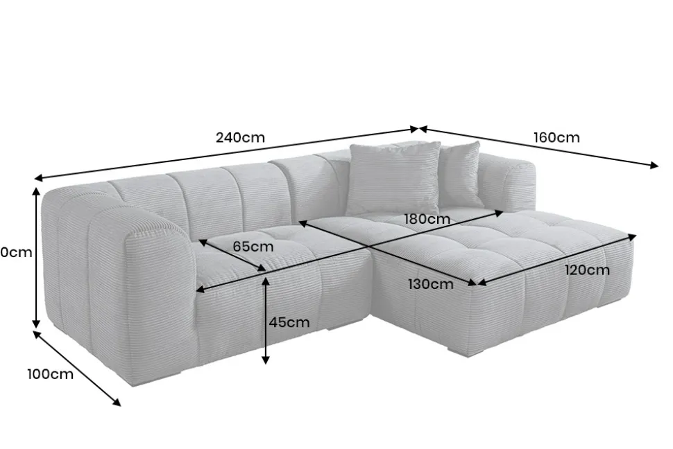 Modernes Ecksofa ZERO GRAVITY 240cm dunkelgrau Cord 3-Sitzer Couch L-Form