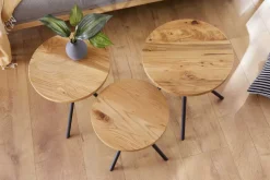 Modernes 3er Set Beistelltische FACTORY 40cm natur Wildeiche Massivholz rund schwarz Metall