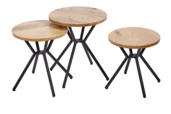 Modernes 3er Set Beistelltische FACTORY 40cm natur Wildeiche Massivholz rund schwarz Metall