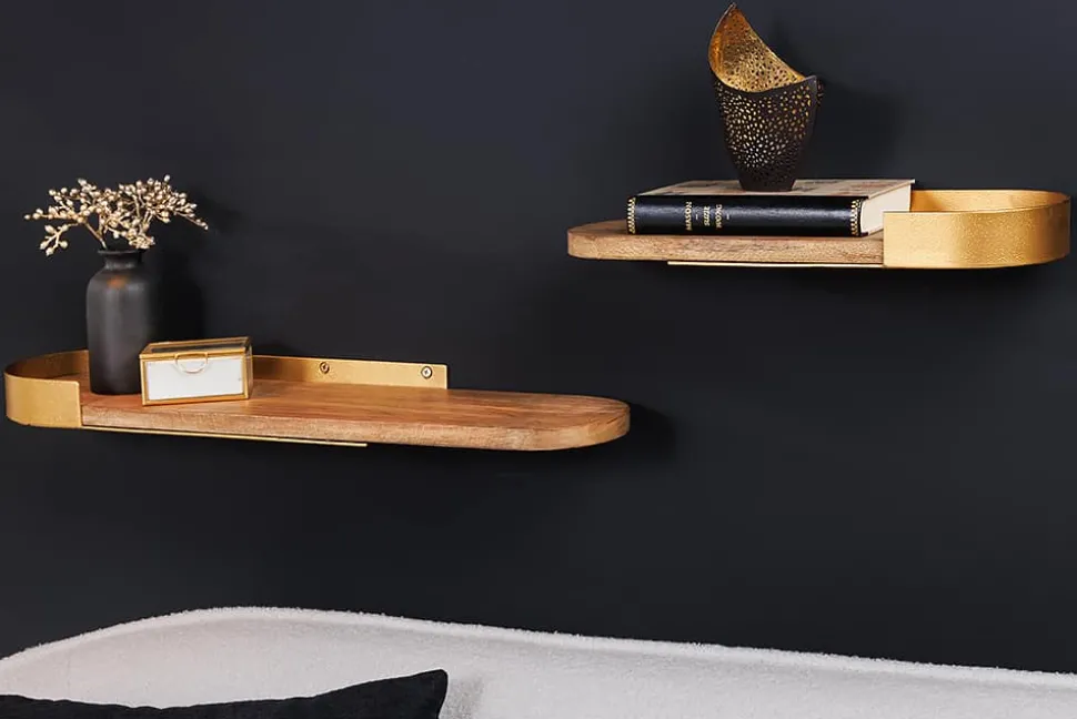 Modernes 2er Set Wandregal PURE NATURE 60cm gold Mangoholz massiv Metall handmade