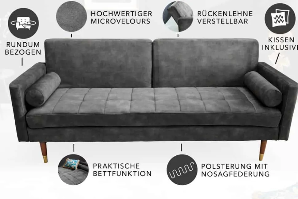 Modernes Schlafsofa COUTURE 200cm grau Microvelours 3-Sitzer Couch mit Schlaffunktion