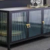 Modernes Sideboard AMSTERDAM 105cm schwarz gold Riffelglas Metall Vitrine Schrank
