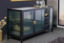 Modernes Sideboard AMSTERDAM 105cm schwarz gold Riffelglas Metall Vitrine Schrank