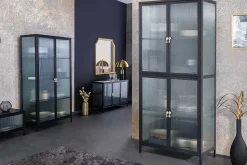 Modernes Sideboard AMSTERDAM 105cm schwarz gold Riffelglas Metall Vitrine Schrank