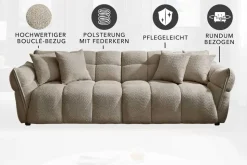 Modernes XXL Sofa CLOUD 260cm champagner greige Bouclé Bigsofa Federkern inkl. Kissen