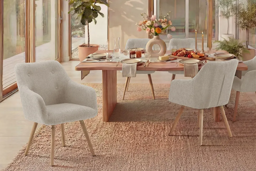 Nordischer Stuhl SCANDINAVIA MEISTERSTÜCK beige natur Strukturstoff Massivholzbeine