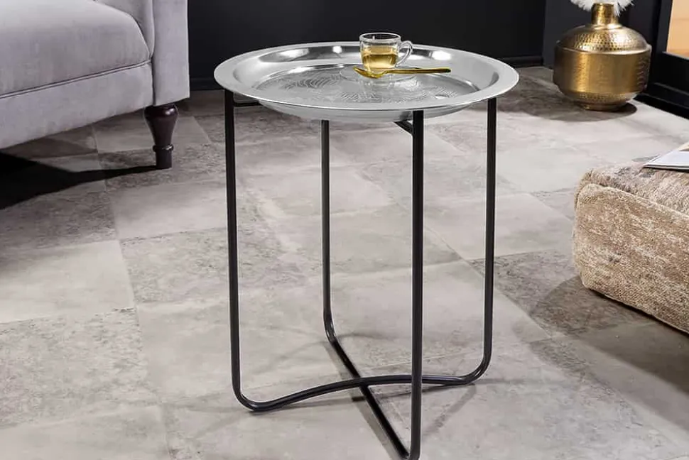 Orientalischer Beistelltisch CASABLANCA 50cm silber schwarz Tablett abnehmbar klappbar