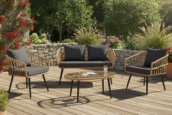 Outdoor Gartenlounge PARIS natur Rattan Gartenmöbel-Set inkl. Wechselbezügen grau creme
