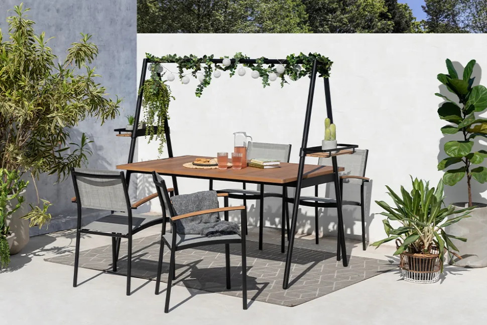 Outdoor Gartentisch RIO 190cm anthrazit Aluminium Massivholz mit Dekostange wetterfest