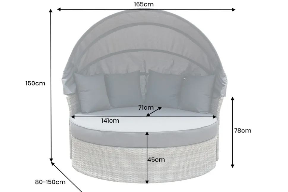 Outdoor Sonneninsel PLAYA LIVING 165cm hellgrau Polyrattan Aluminium inklusive Kissen wetterfest